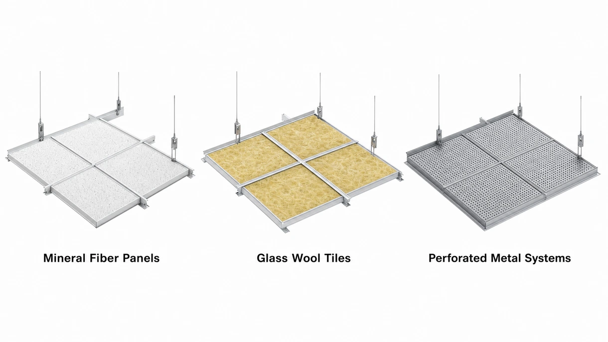 Technical close-up of a perforated metal ceiling tile showing the acoustic fleece backing and the T-grid suspension system.