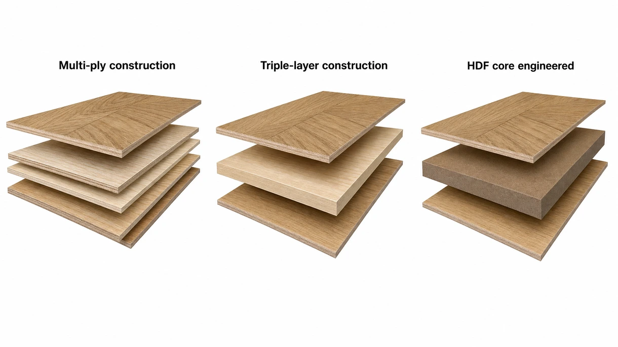 Technical cross-section detail of engineered parquet showing the solid oak wear layer and multi-ply birch core construction.