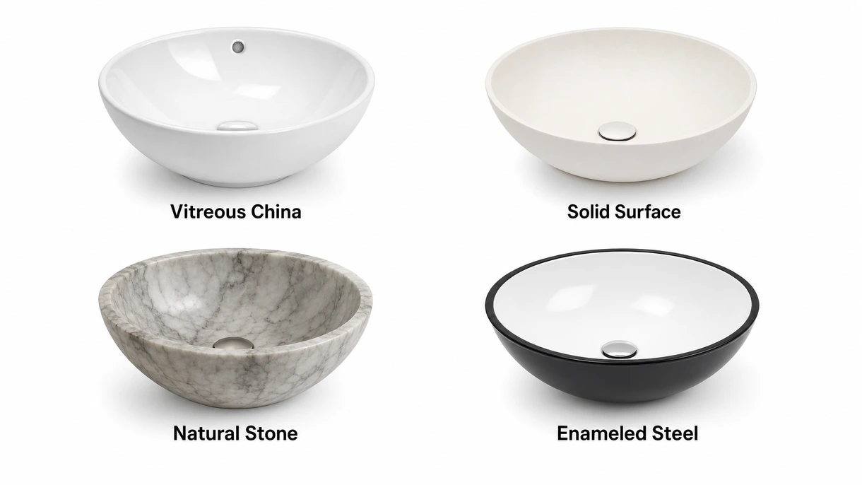 Technical close-up of a slim-rimmed countertop washbasin showing the precise edge finish and integrated overflow drainage hole.