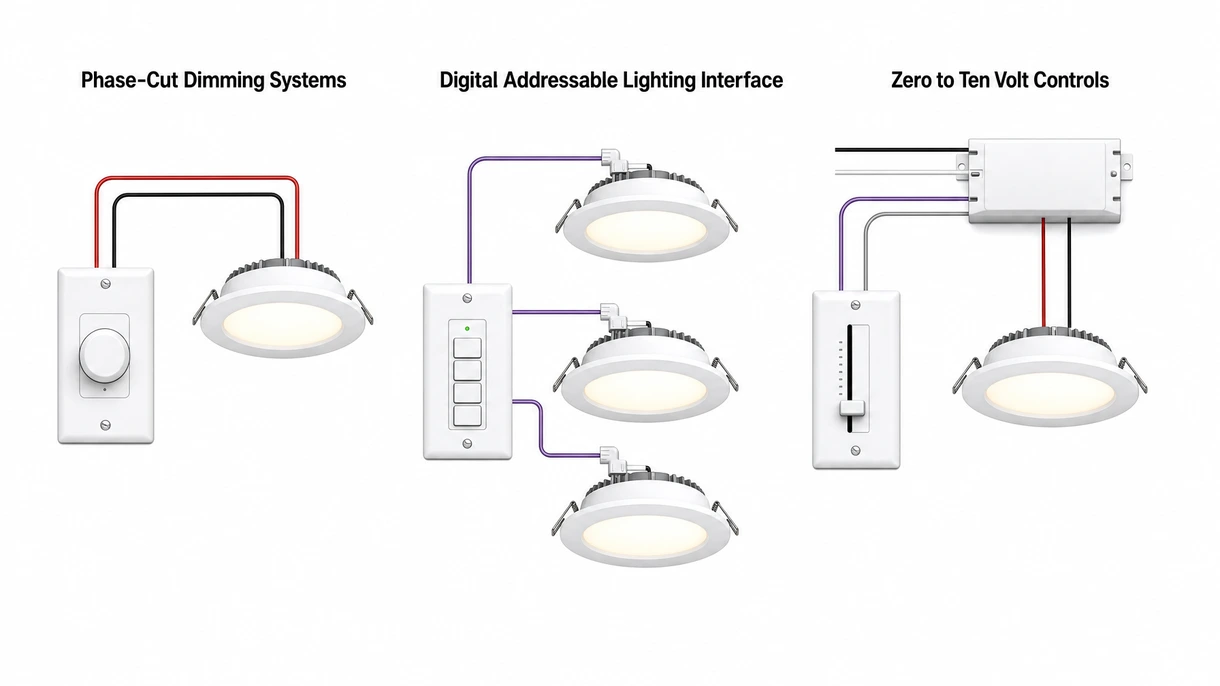 Technical close-up of a high-performance LED driver showing terminal connections and digital dimming protocol interface for automation.