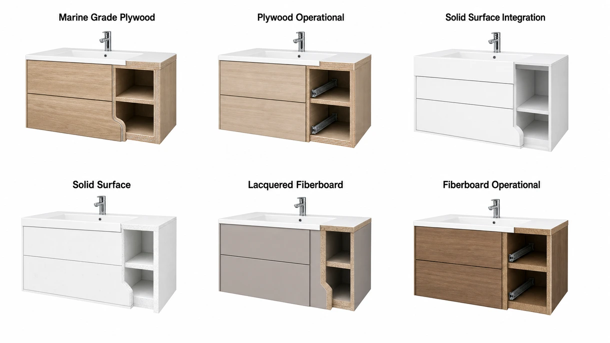 Close-up of heavy-duty steel wall mounting brackets and soft-close drawer runners inside a moisture-resistant vanity cabinet unit.