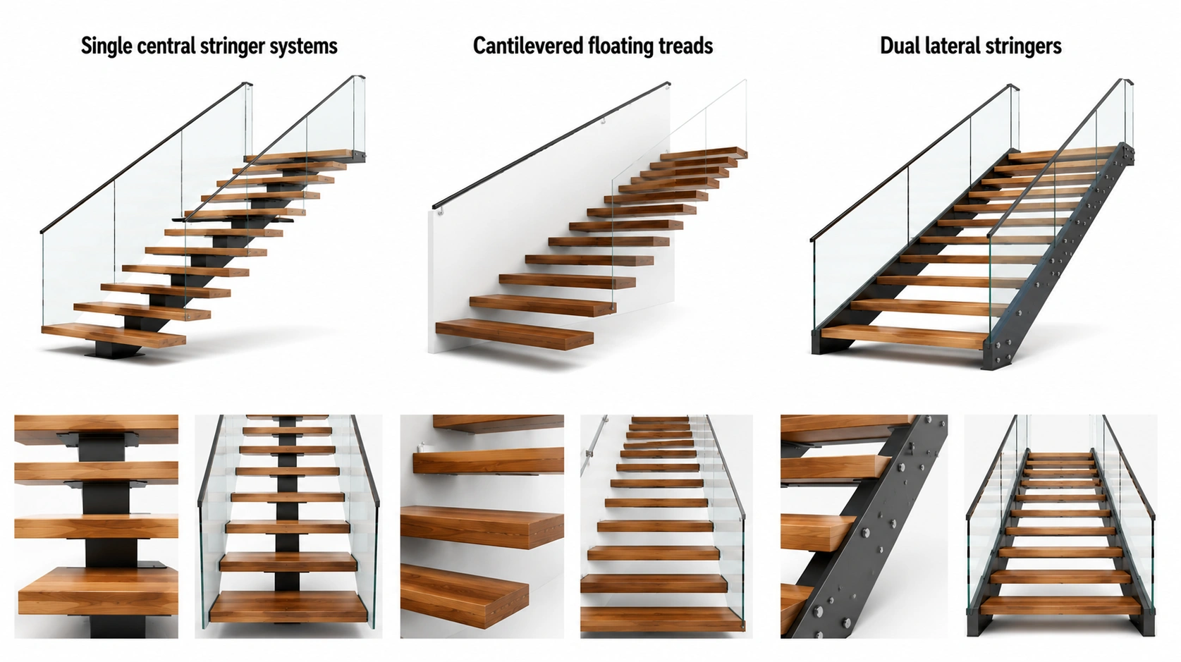 Technical close-up of a cantilevered wooden tread showing the concealed steel mounting bracket and reinforced concrete wall connection.