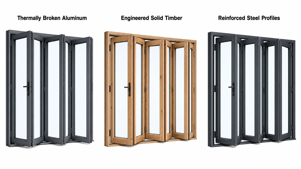 Technical close-up showing the multi-point locking mechanism and stainless steel roller assembly of a heavy-duty folding door frame.