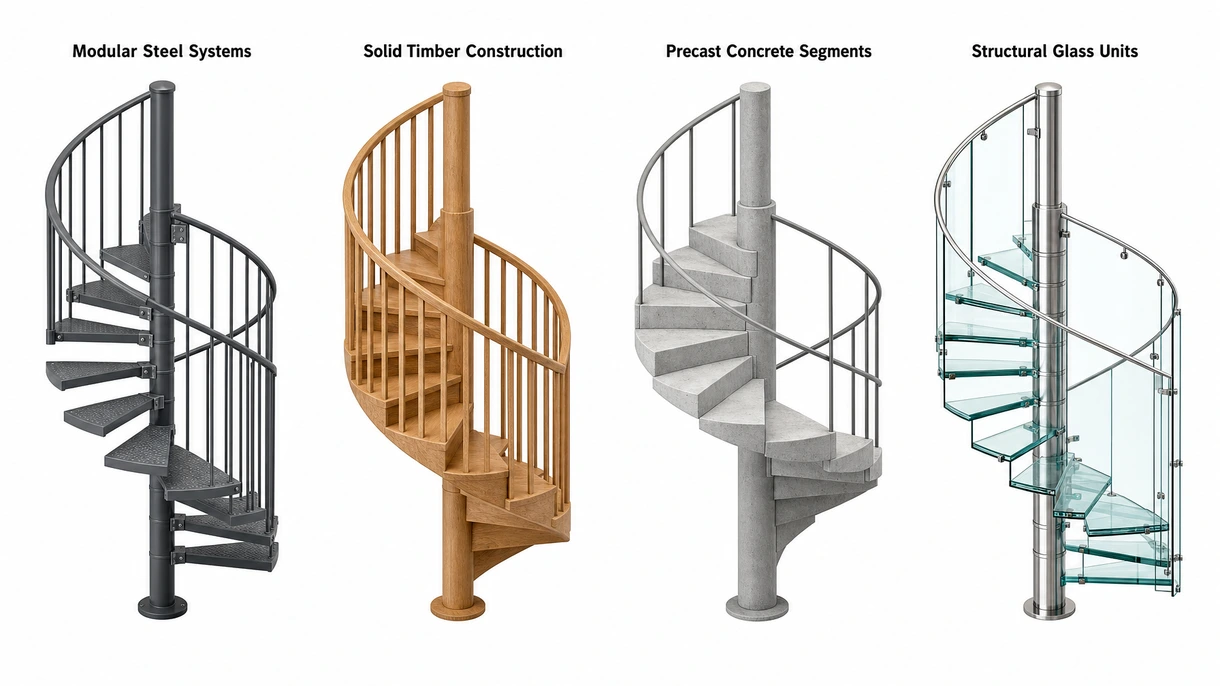 Technical close-up of a modular spiral staircase central column showing precision-engineered tread support brackets and bolts.