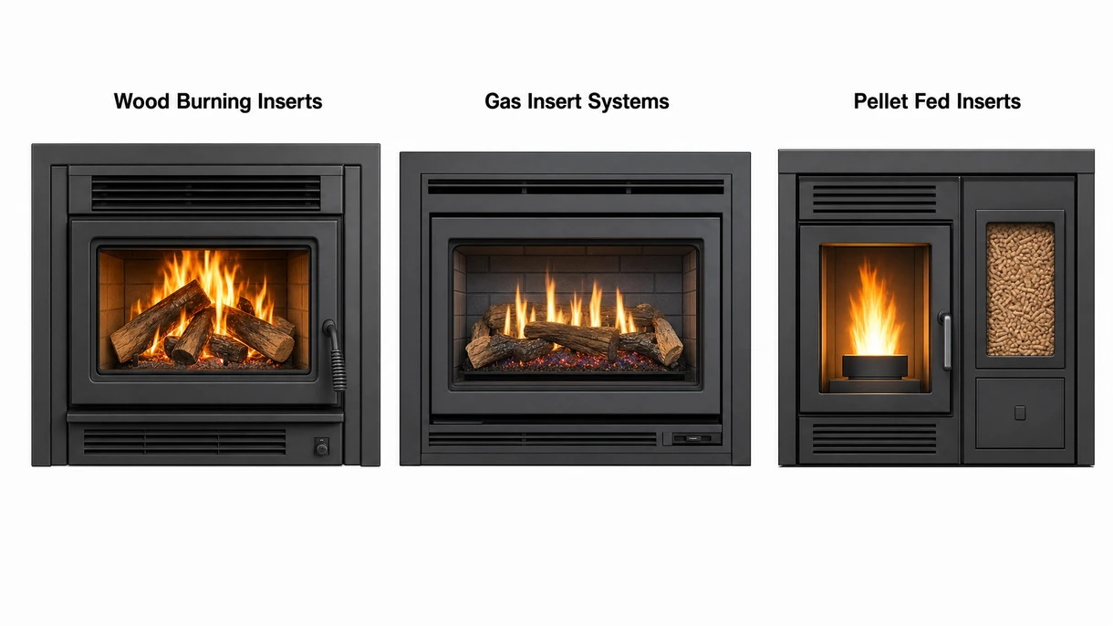 Technical detail of a fireplace insert secondary combustion chamber highlighting air injection ports and firebrick lining.