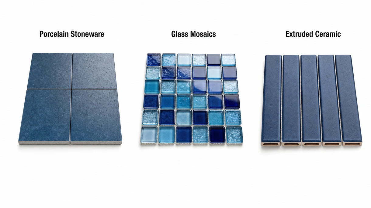 Technical macro view of glass mosaic pool tiles showing mesh backing and chemical resistant finish for commercial specifications.