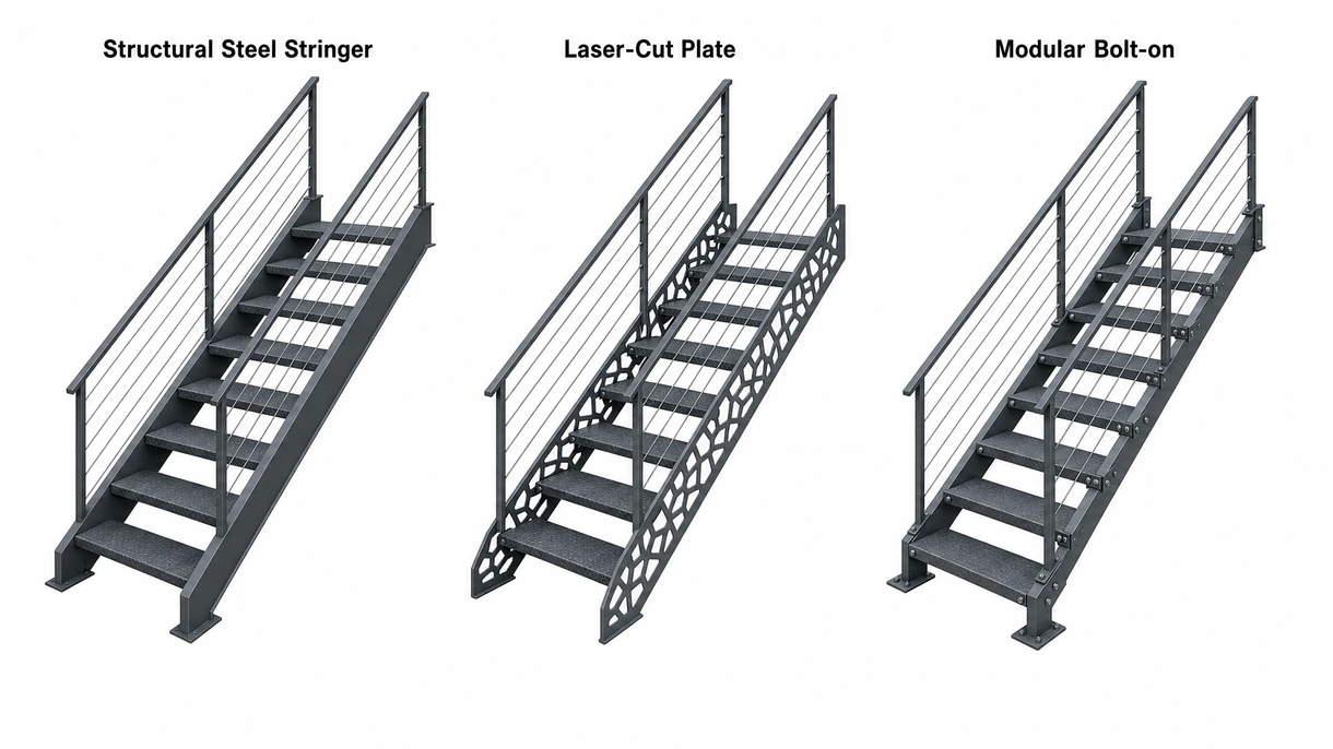 Technical close-up showing precision welding and anti-slip tread profile of a powder-coated industrial steel staircase.