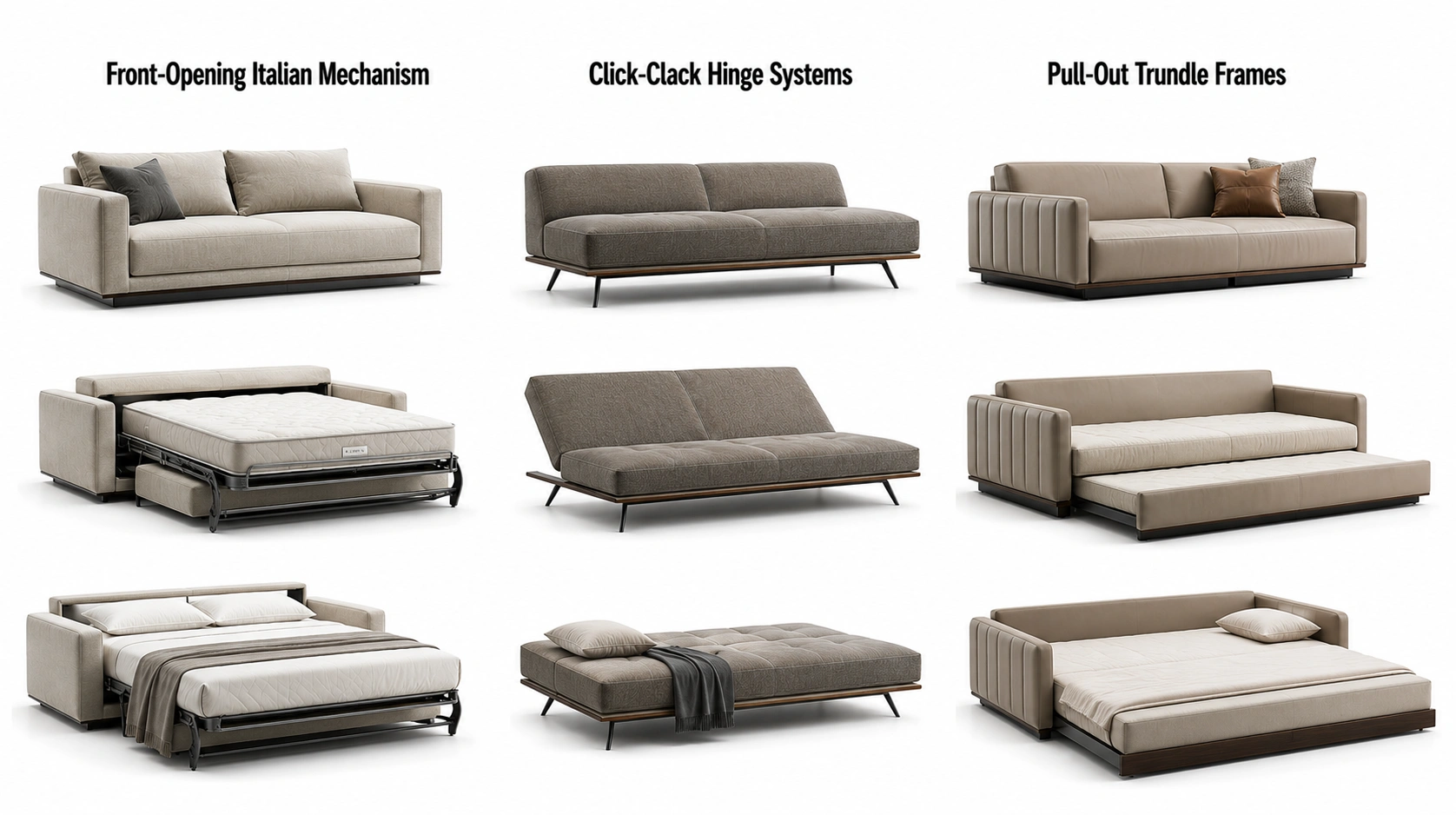 Detailed close-up of a heavy-duty steel folding mechanism with reinforced springs for commercial grade sofa bed durability.