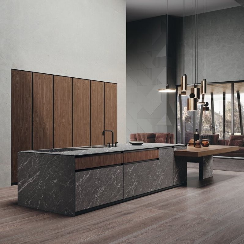 Binova Avola kitchen with aluminium-framed doors, wood veneer and marble