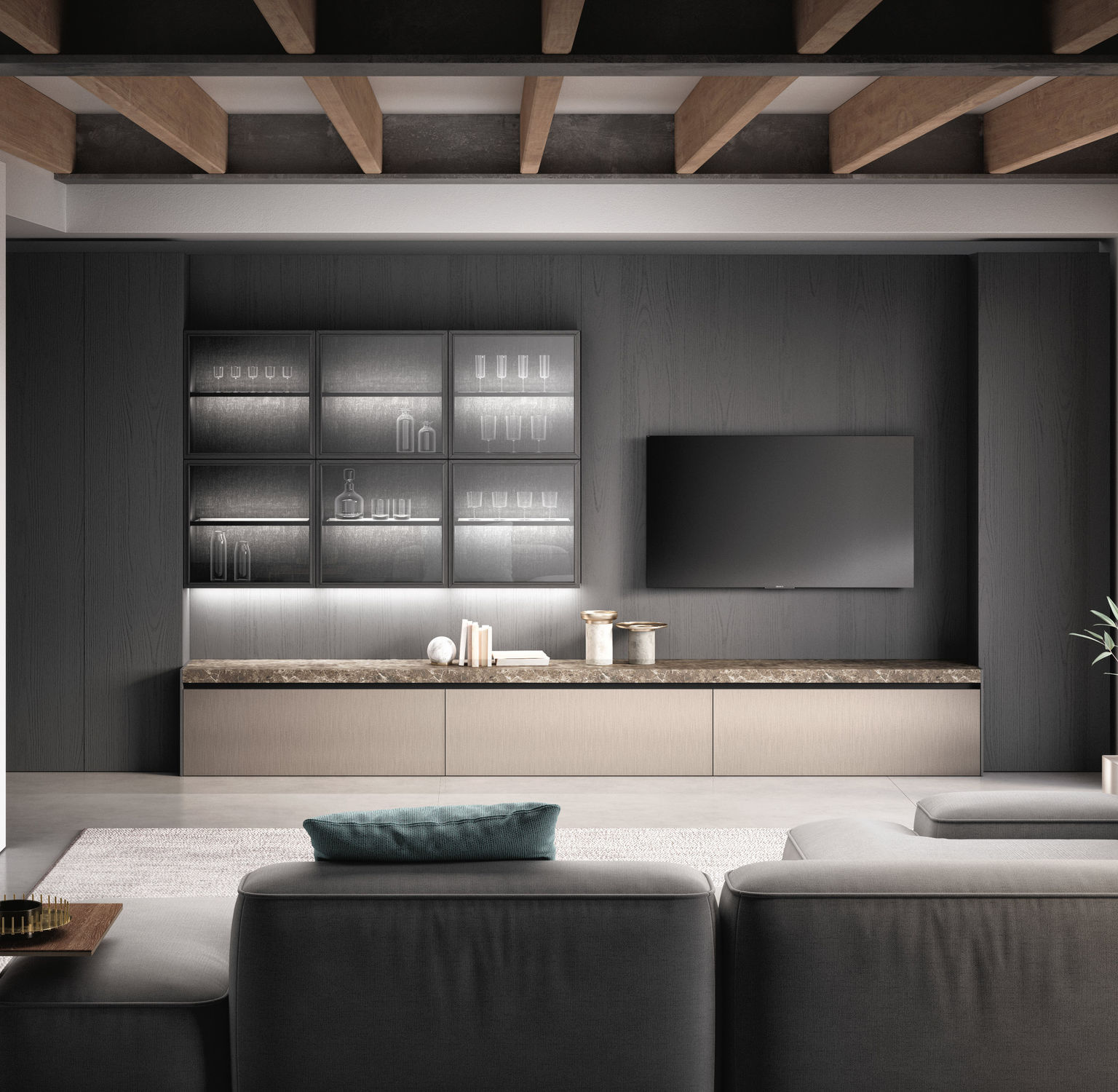 Binova Bluna living wall in bronze Metal 4.0 lacquer with black aluminium and fumé glass cabinets — Living, Bath and Ono collection