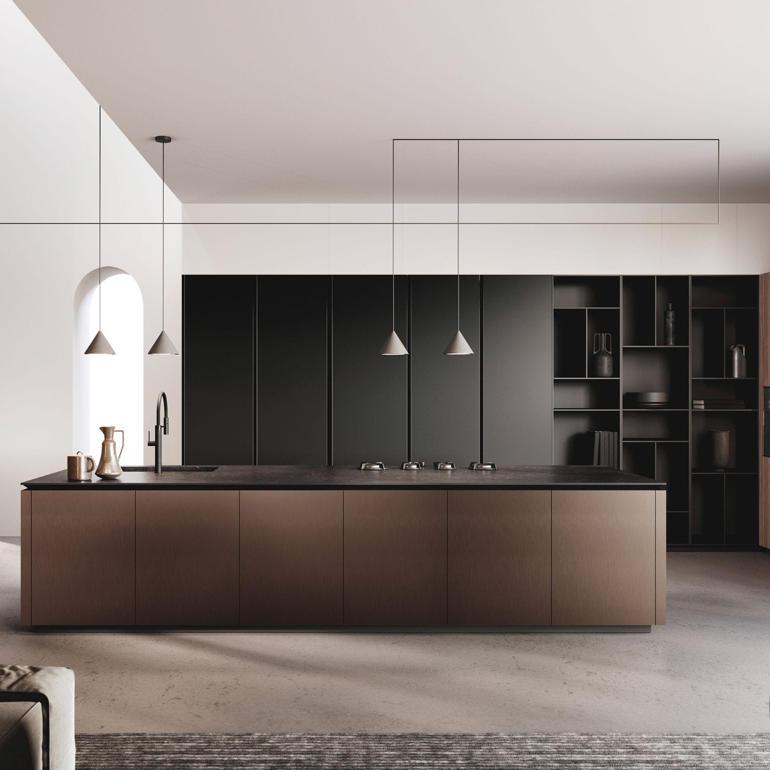 Binova Lab kitchen with glass fronts in aluminium frame and Nero Greco gres island