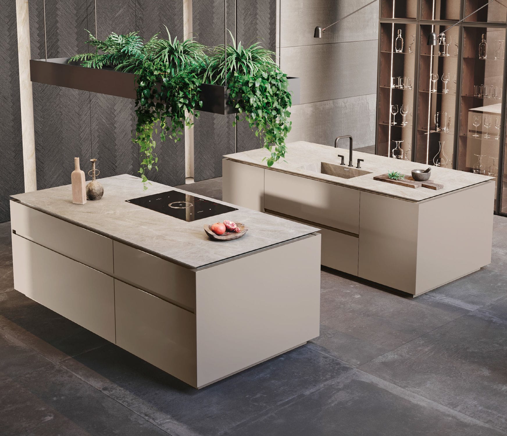 Binova Mantis kitchen in Rovere Magma with stone island