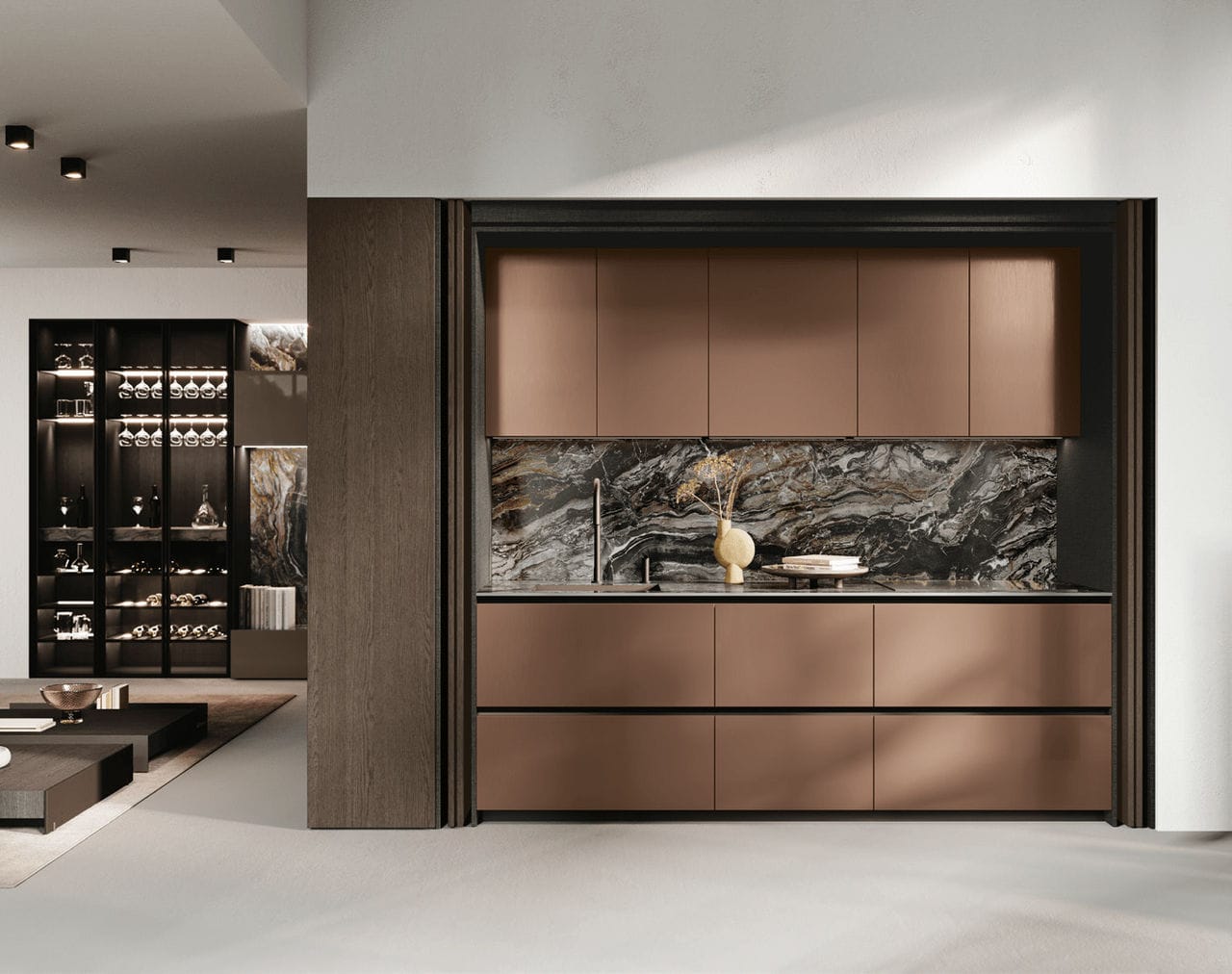 Binova Bluna Laccato Lucido hidden kitchen behind folding doors