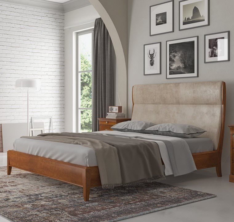 Double Bed Traditional With Upholstered Headboard Solid Wood