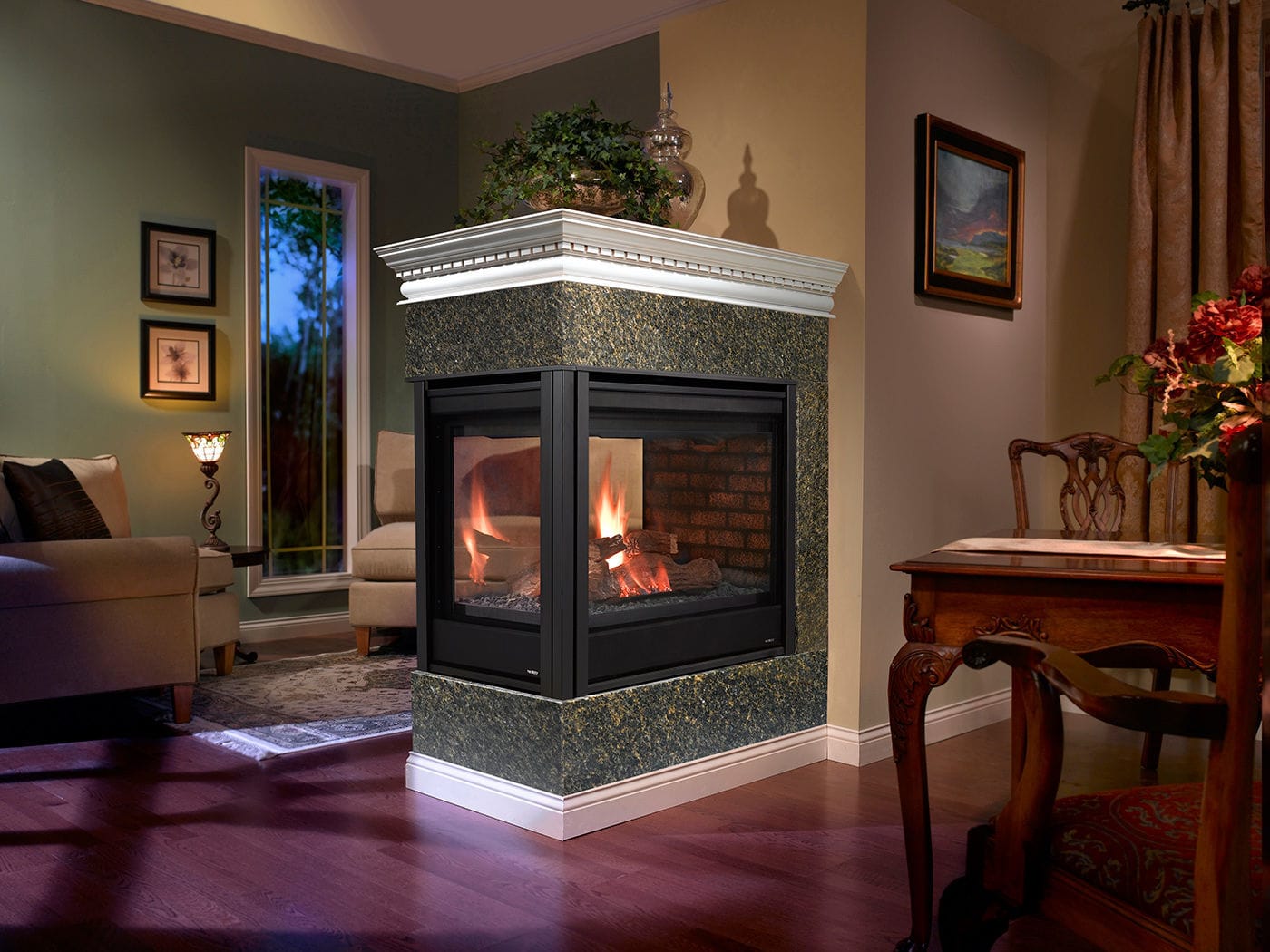 Gas Fireplace Traditional Closed Hearth 3 Sided Peninsula