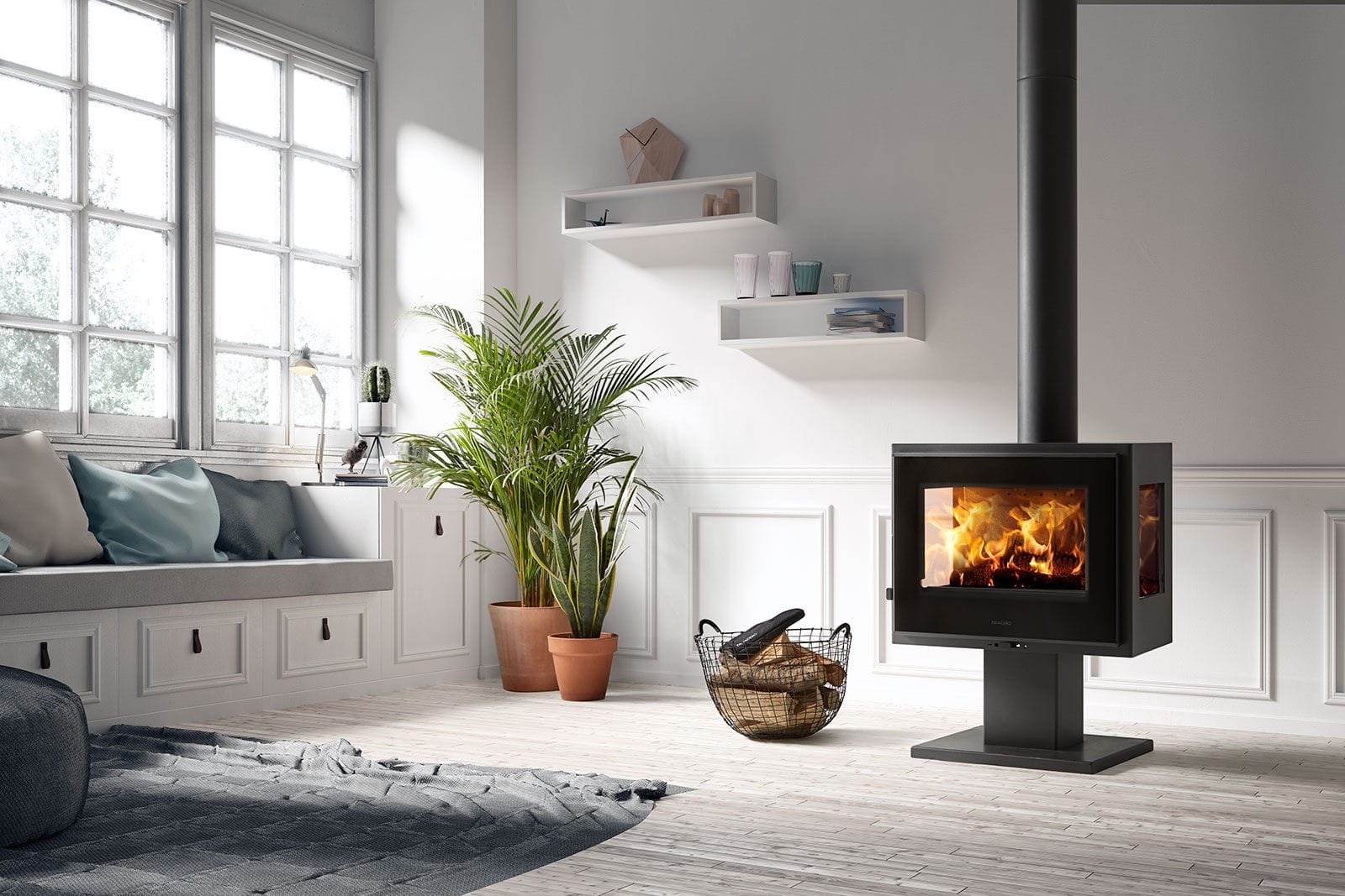 Wood heating stove - ATLANTIC 3V - Panadero - 5 kW...10 kW / with legs /  3-sided