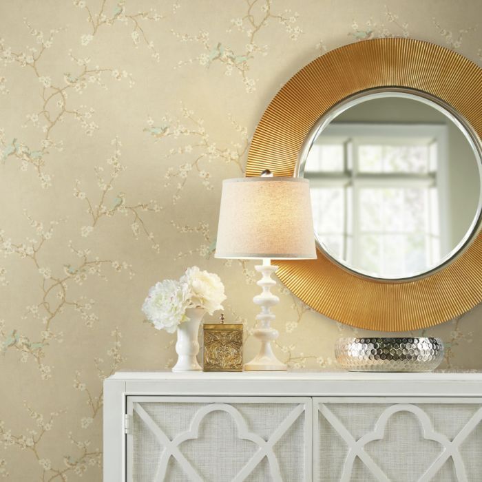 Contemporary wallpaper - BIRDS WITH BLOSSOMS - York wallcoverings - floral / striped / animal motif Contemporary wallpaper - BIRDS WITH BLOSSOMS - York wallcoverings - floral / striped / animal motif
