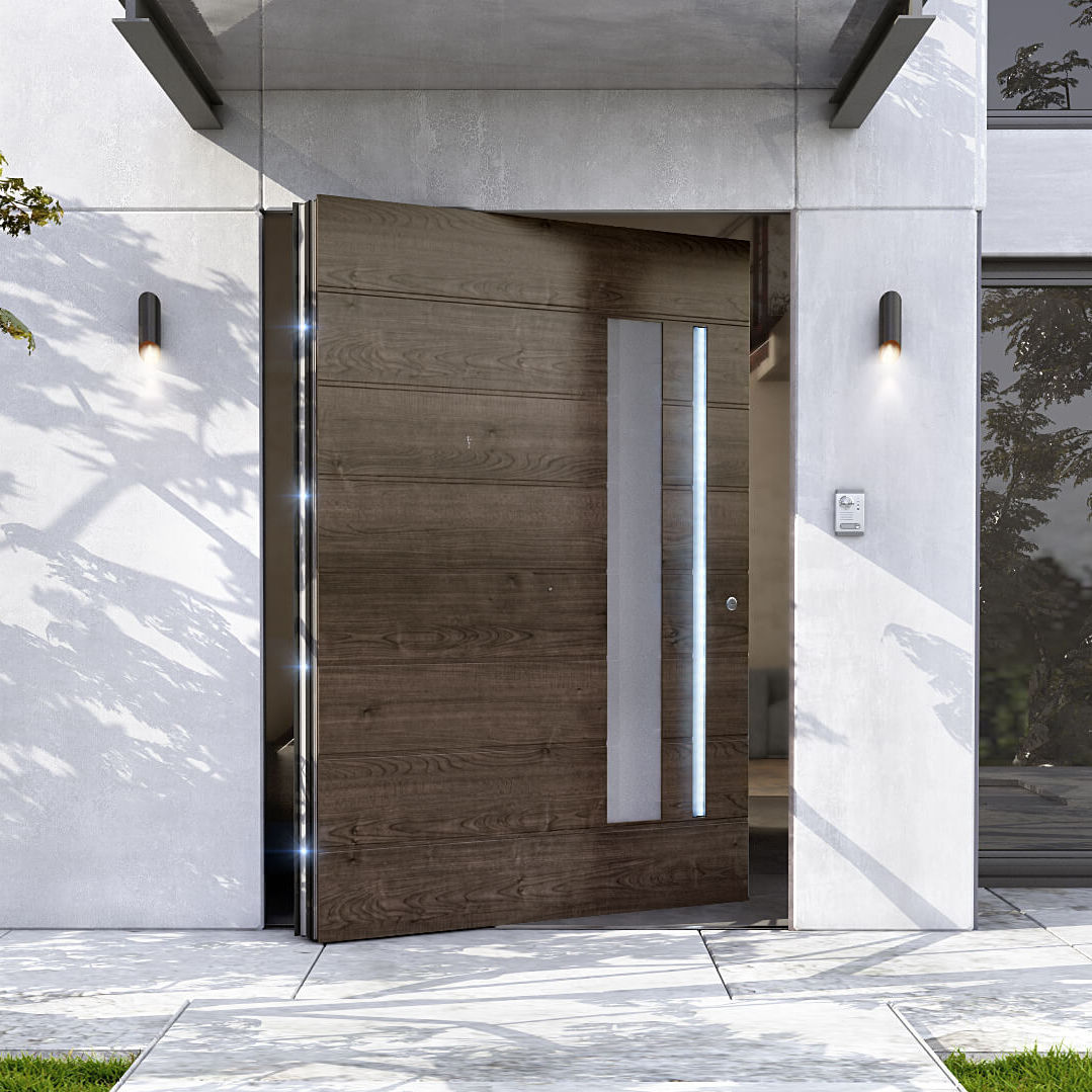 Entry door PIVOT TEHNI SA aluminum / pivoting with offset axis