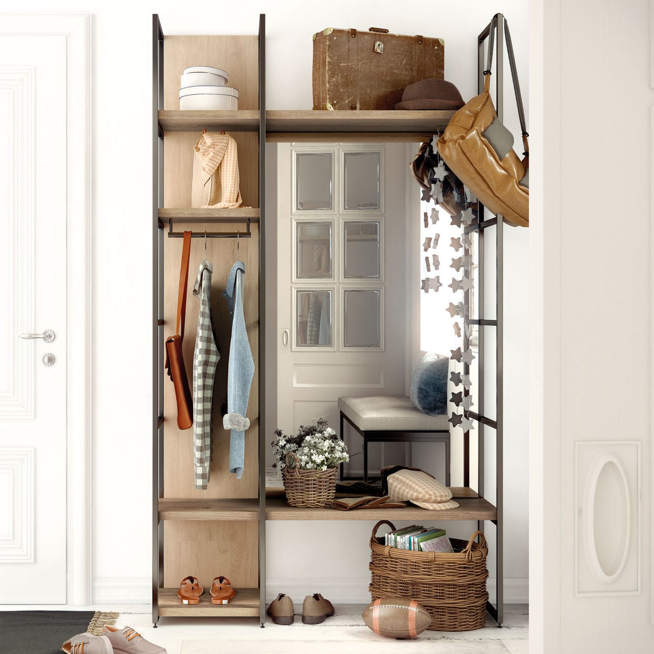 Contemporary entryway cabinet - SIX - OLUT - wall-mounted / oak / metal