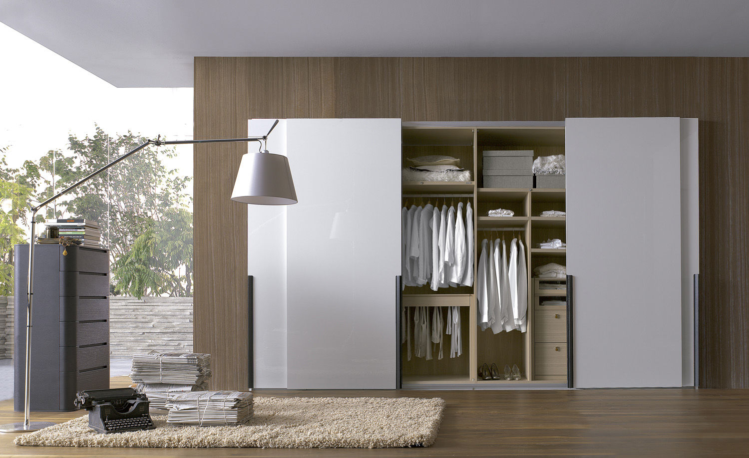 Contemporary Wardrobe Wooden Lacquered Wood Sliding Door