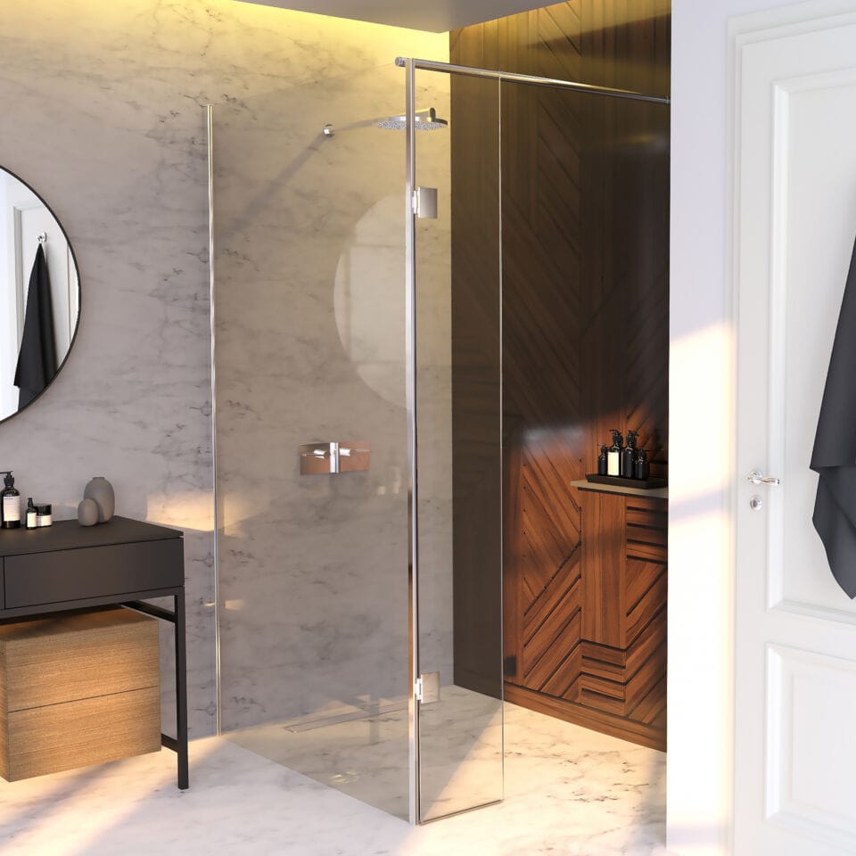 Fixed shower screen MOWPHP matki showering on shower tray