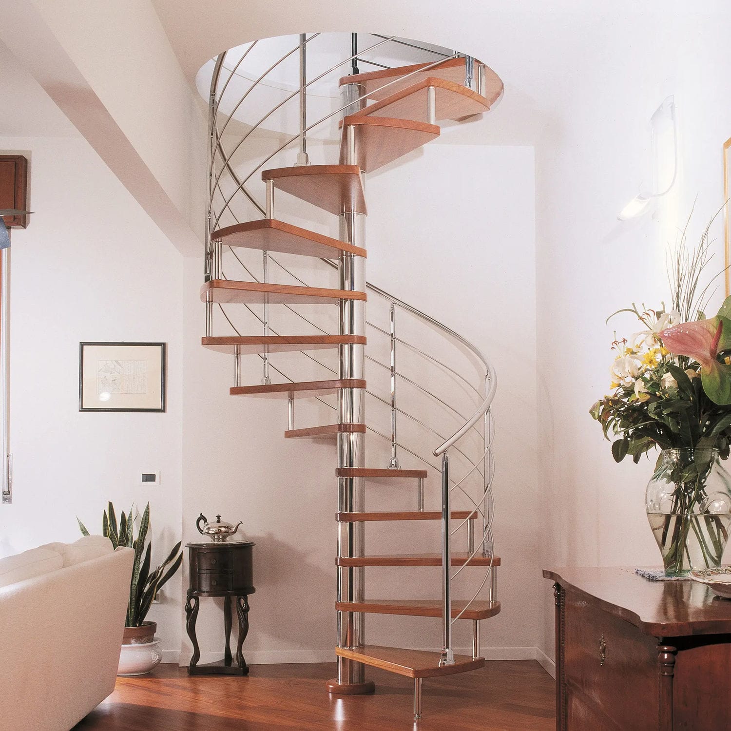 Spiral staircase - Marretti - wooden step / stainless steel frame / home