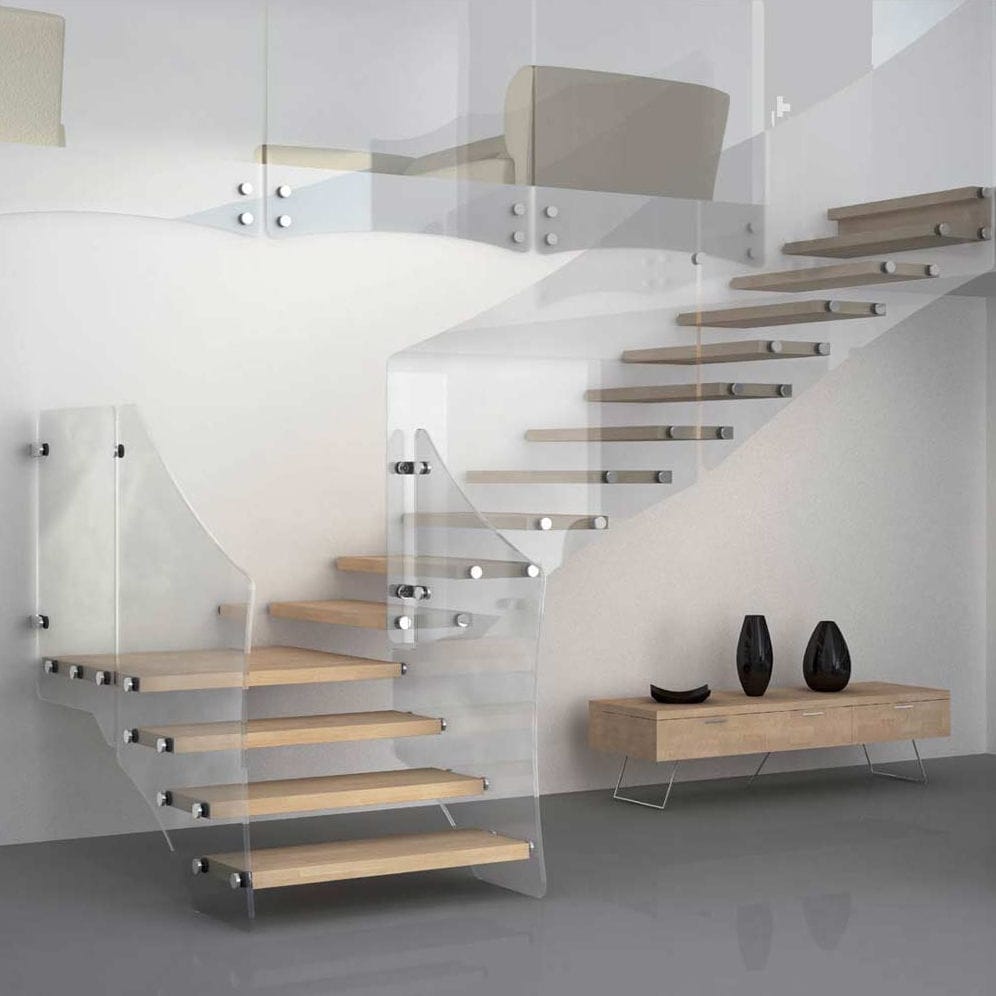 Quarter Turn Staircase Glass Frame Wooden Steps Without