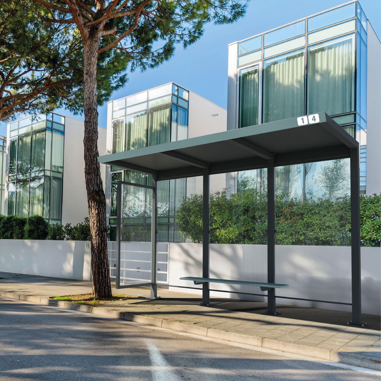 Polycarbonate bus shelter - STAD - CITY DESIGN - sheet steel / with bench