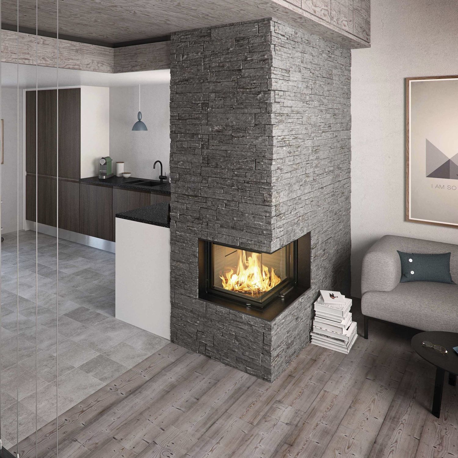 Corner fireplace insert - VISIO 2 - Attika Feuer AG - wood-burning