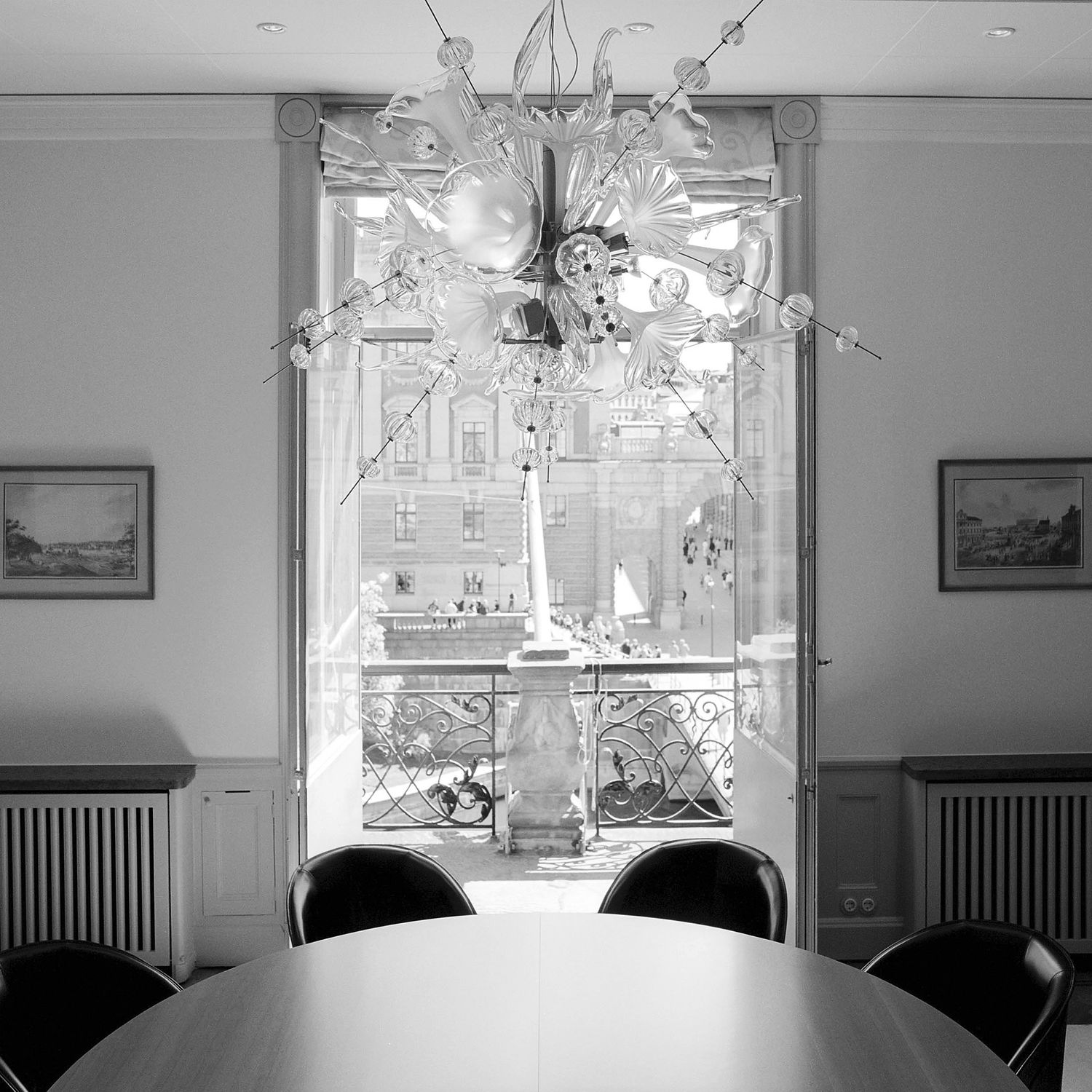 Contemporary Chandelier Blown Glass Chrome Lacquered Steel