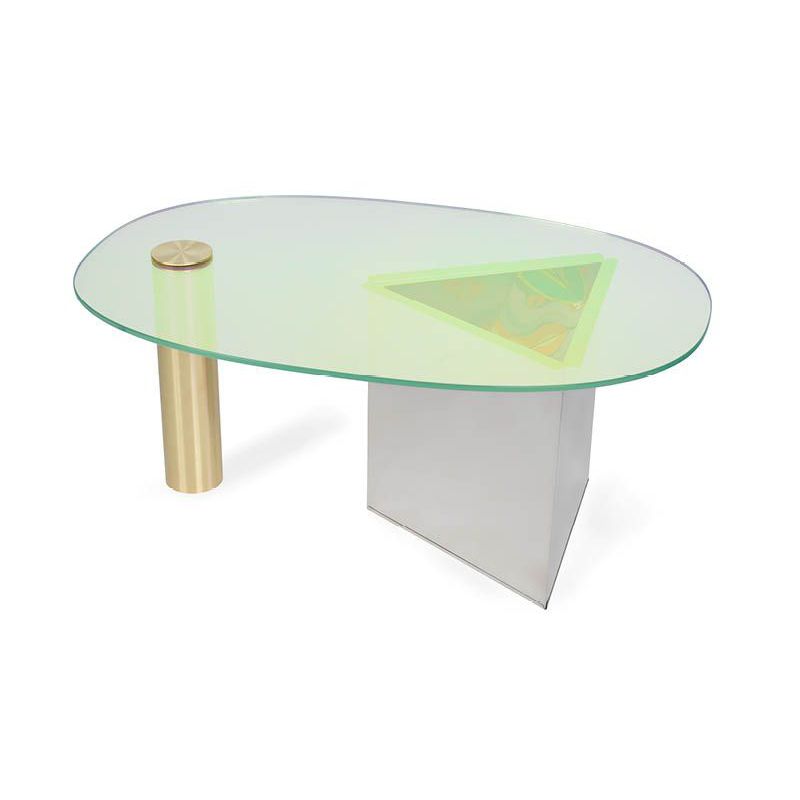 Contemporary coffee table ETTORE KÄLLEMO glass / stainless steel base / brass base