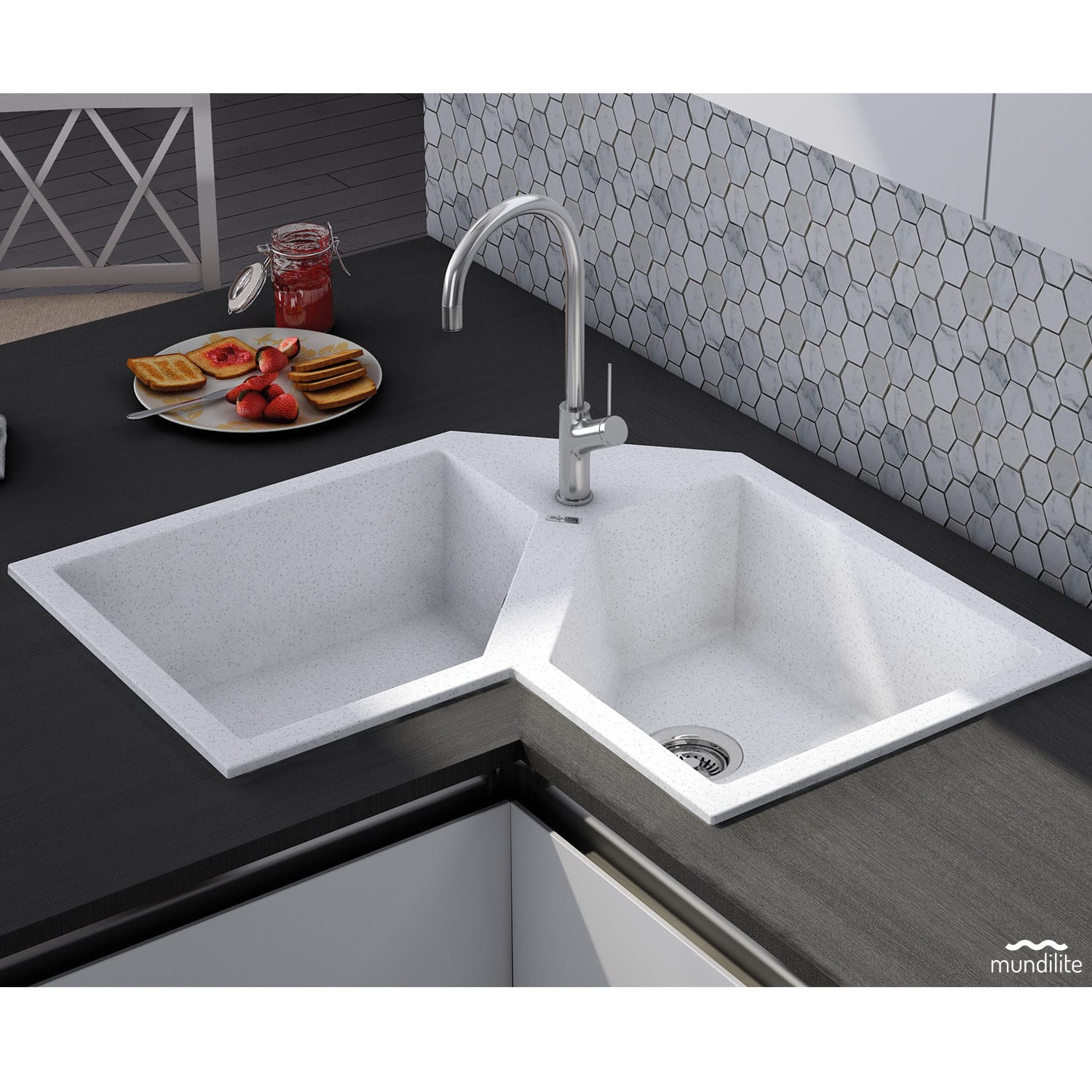 Double Kitchen Sink Supreme E830 Mundilite Composite Overmount Corner