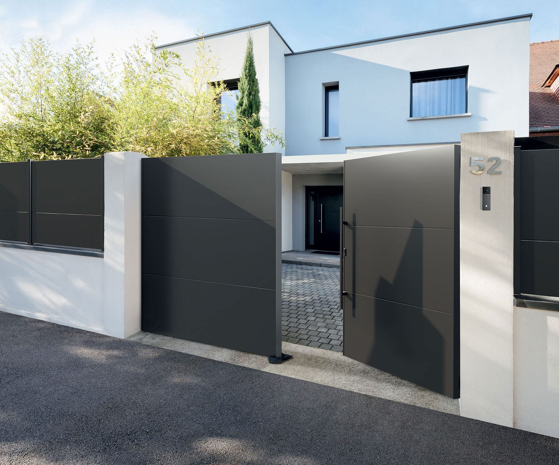 Swing gate - KLAVEL - Kostum - sliding / aluminum / panel