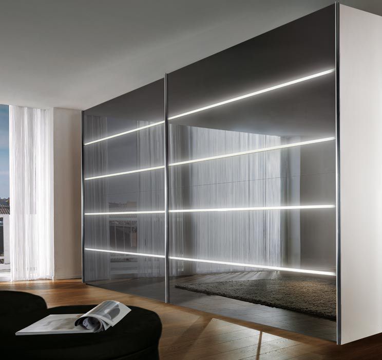 Contemporary Wardrobe Glossy Lacquered Wood Glass Sliding