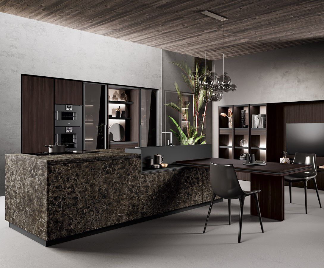 Miton Ménta_01 island kitchen in Rovere Mogano with Oriental stone laminate