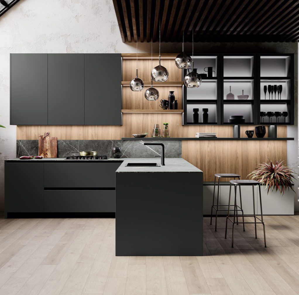 Miton Ménta_03 peninsula kitchen in Grigio Antracite lacquer and Noce Naturale — Ménta Collection