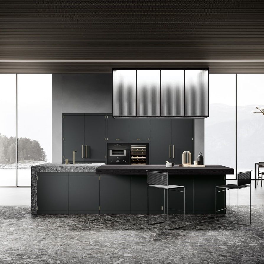 Miton Anuba island kitchen in Grigio Antracite with brass inserts — Anuba, Amari, Talìa and Medea collection