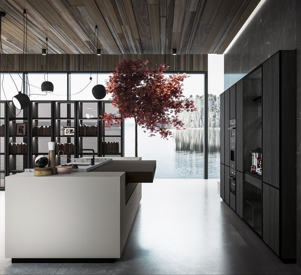 Miton Amari island kitchen in Rovere Terranera with smoked glass Bellevue cabinets