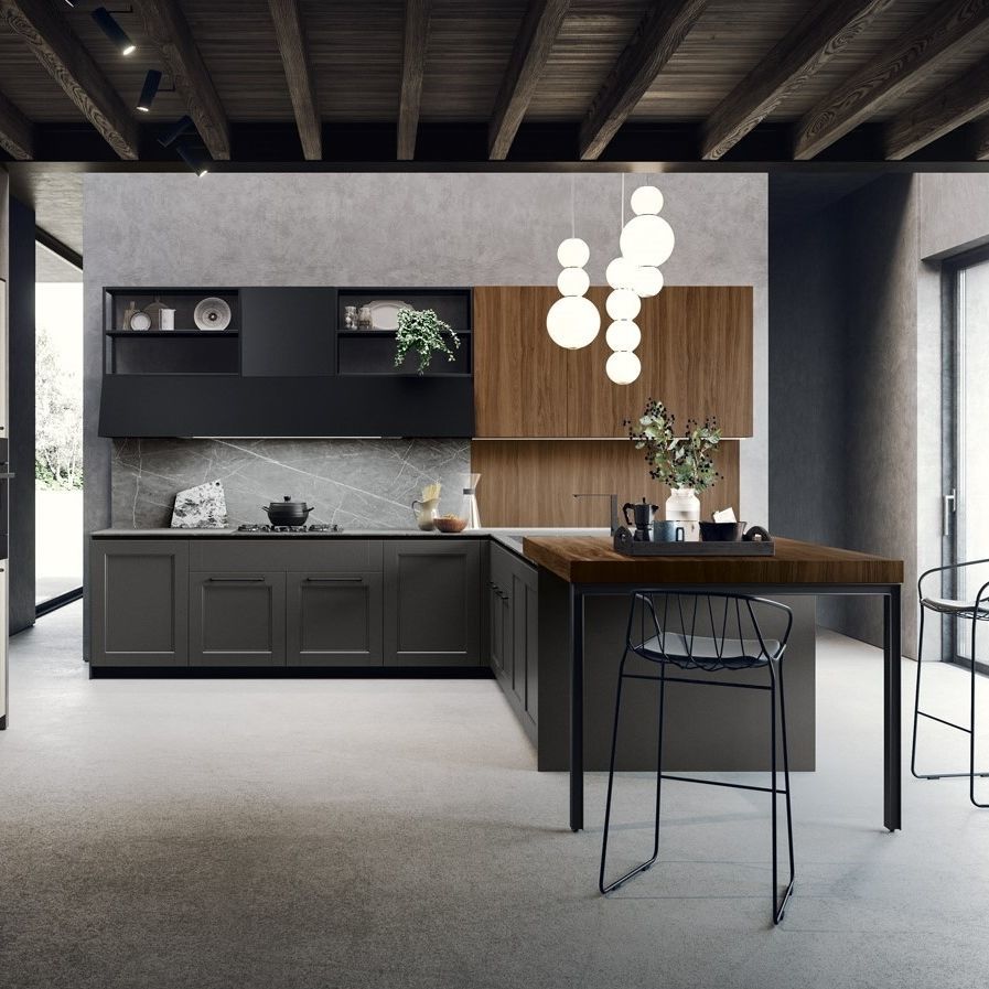 Miton Talìa kitchen with profiled open-pore lacquered doors and Noce Canaletto wall units