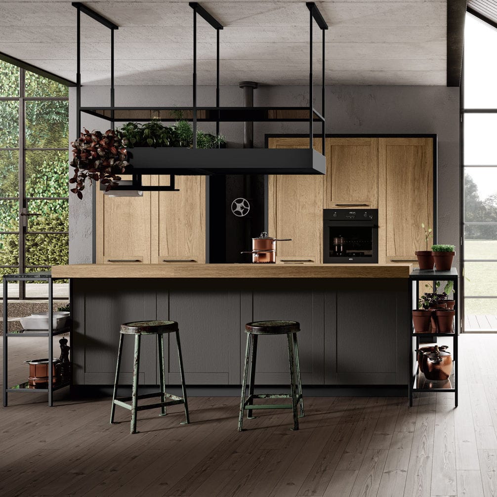 Miton Medea island kitchen in Antico Rovere with black matt aluminium boiserie