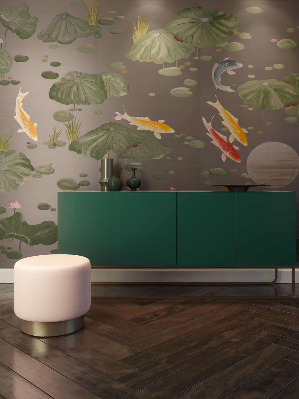 Contemporary Wallpaper Carp And Moon Fromental Silk Chinoiserie Handmade