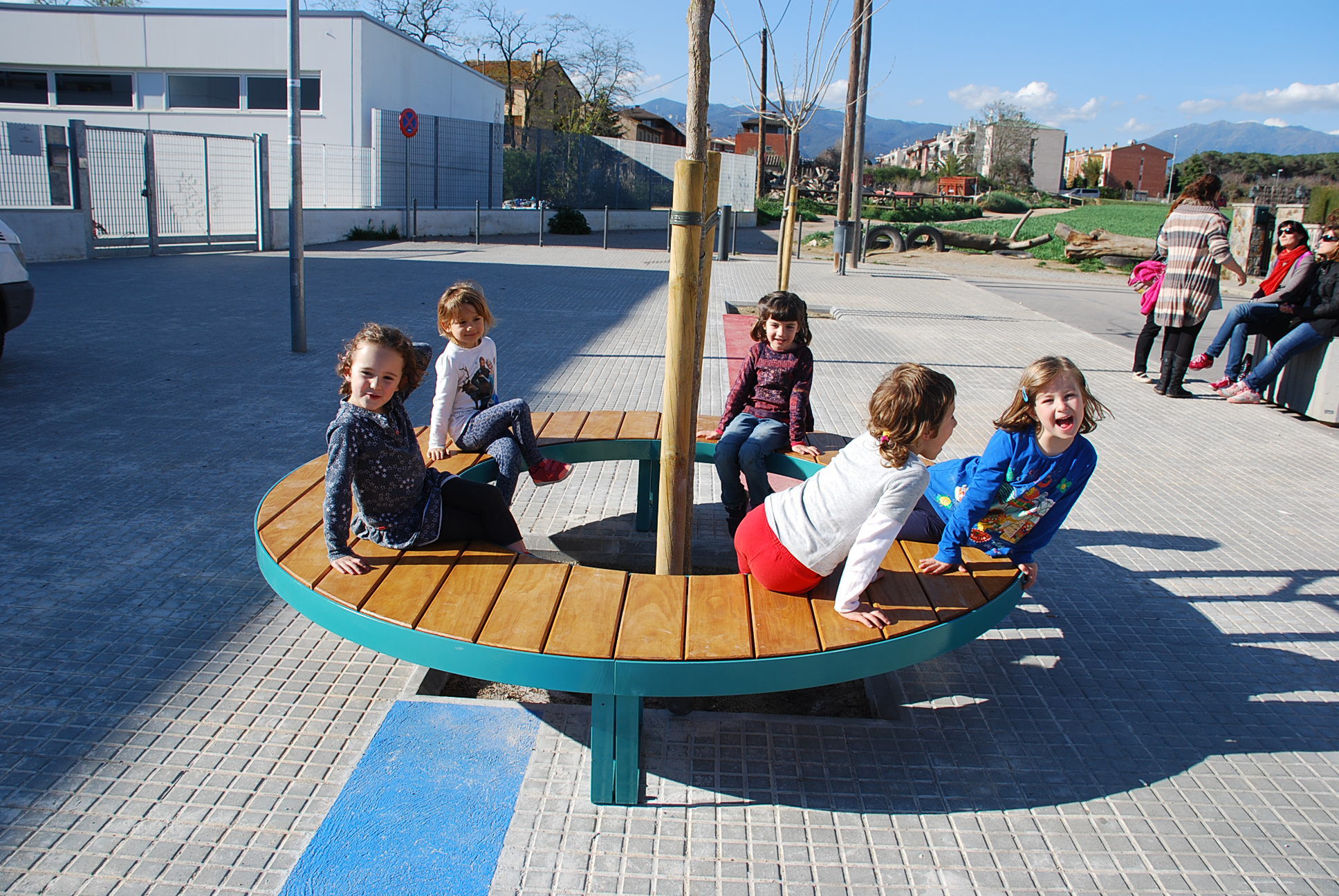 Public Bench Contemporary Wooden Galvanized Steel Play