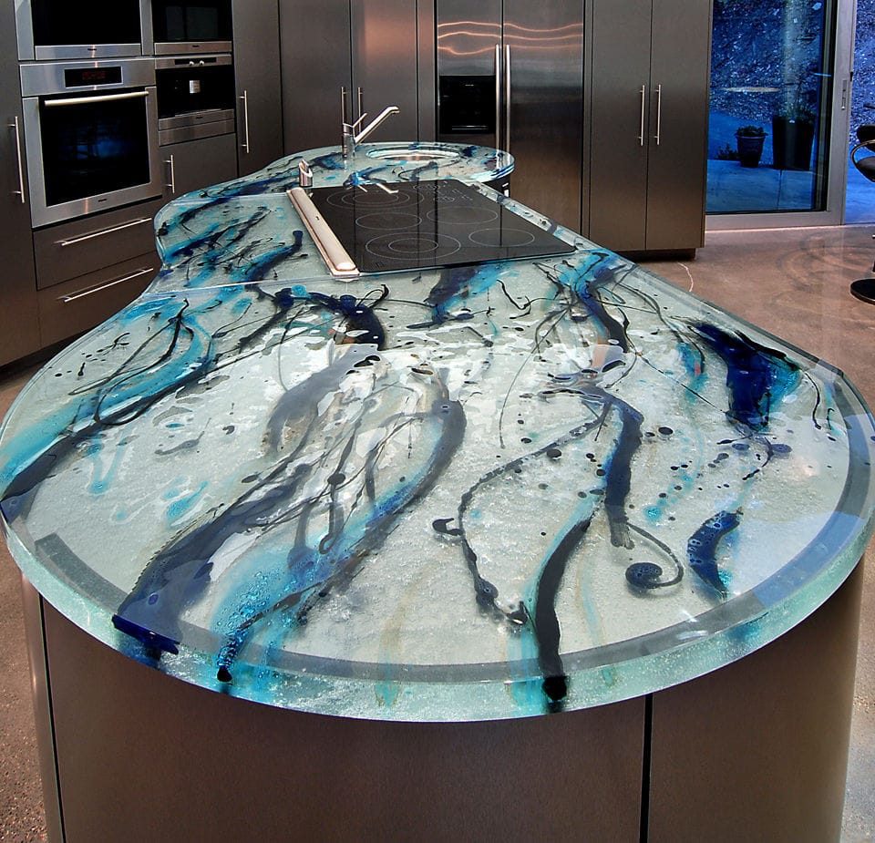 glass countertop kitchen heat resistant thinkglass ocean countertops crystal cost stone surface quartz epoxy recycled inspiration surfaces solid state colored