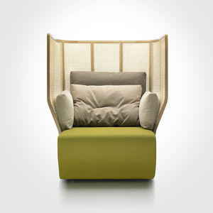 contemporary visitor armchair / fabric / wooden / high back