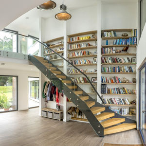 straight staircase / steel frame / wooden steps / without risers