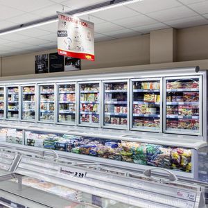upright refrigerated display case / ice cream / for frozen food / for shops