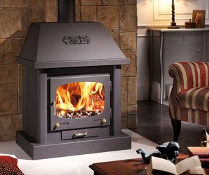 wood-burning fireplace / contemporary / closed hearth / floor-mounted