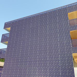 panel cladding / high-pressure laminate / perforated / metal look