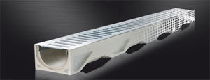 fiber-reinforced concrete drainage channel / with central slot / with grating / for public spaces