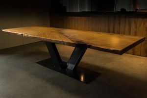 contemporary dining table / solid wood / stainless steel / rectangular